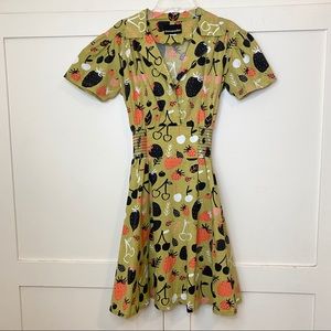 Nooworks Olive Green Mini Dress with Black, Coral, White Fruit Print